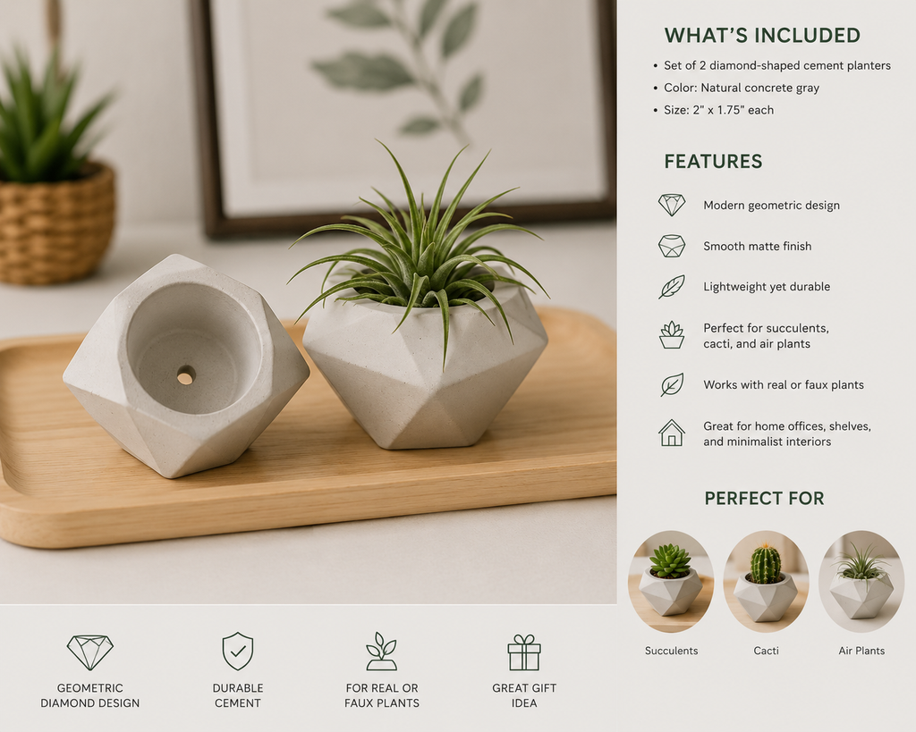 Diamond Cement Planter – Geometric Concrete Pot – 2" x 1.75"