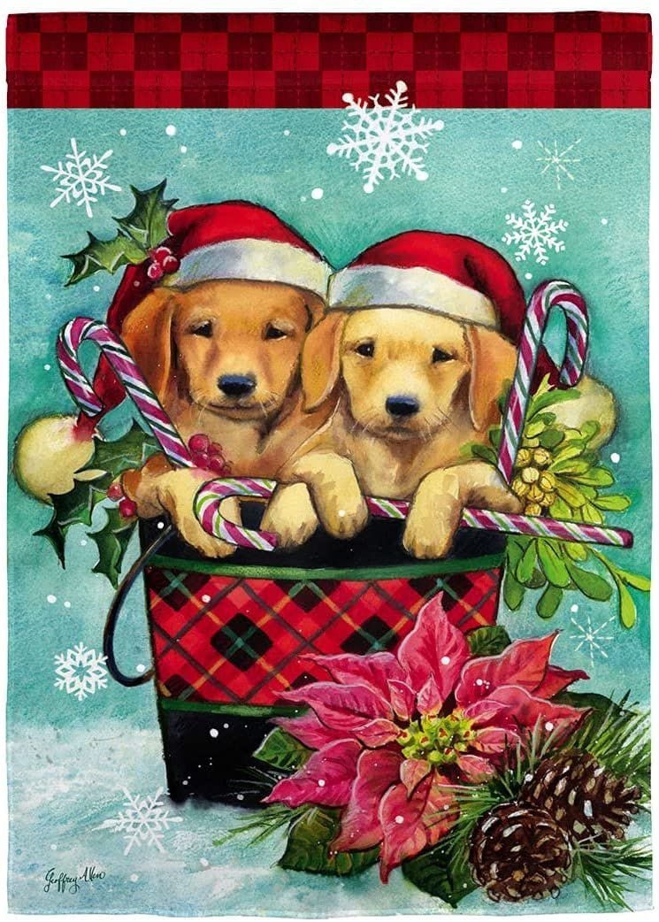 Christmas Puppy Bucket Garden Flag 2 Sided Decorative