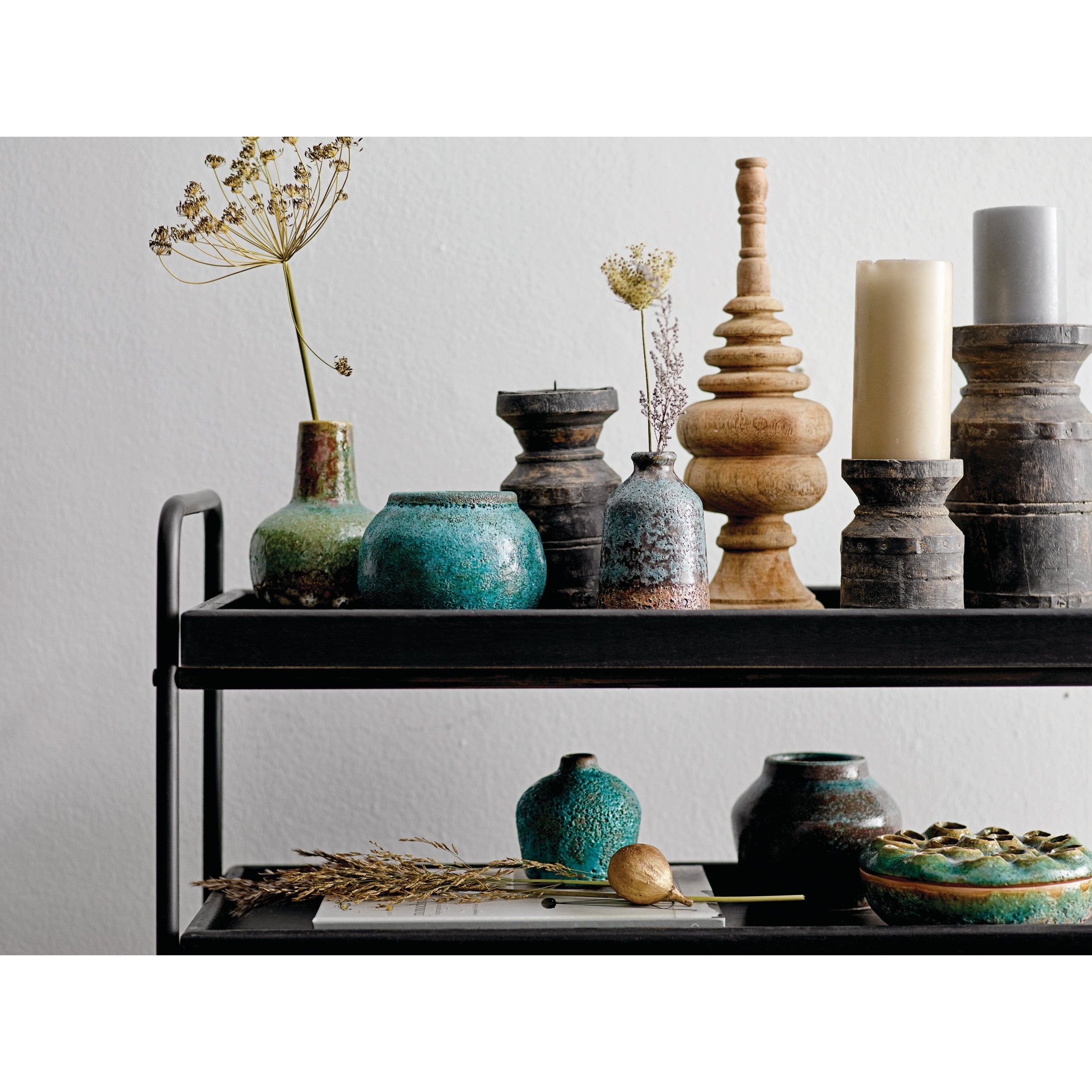 Green & Teal Reactive Glaze Volcano Finish Stoneware Vases