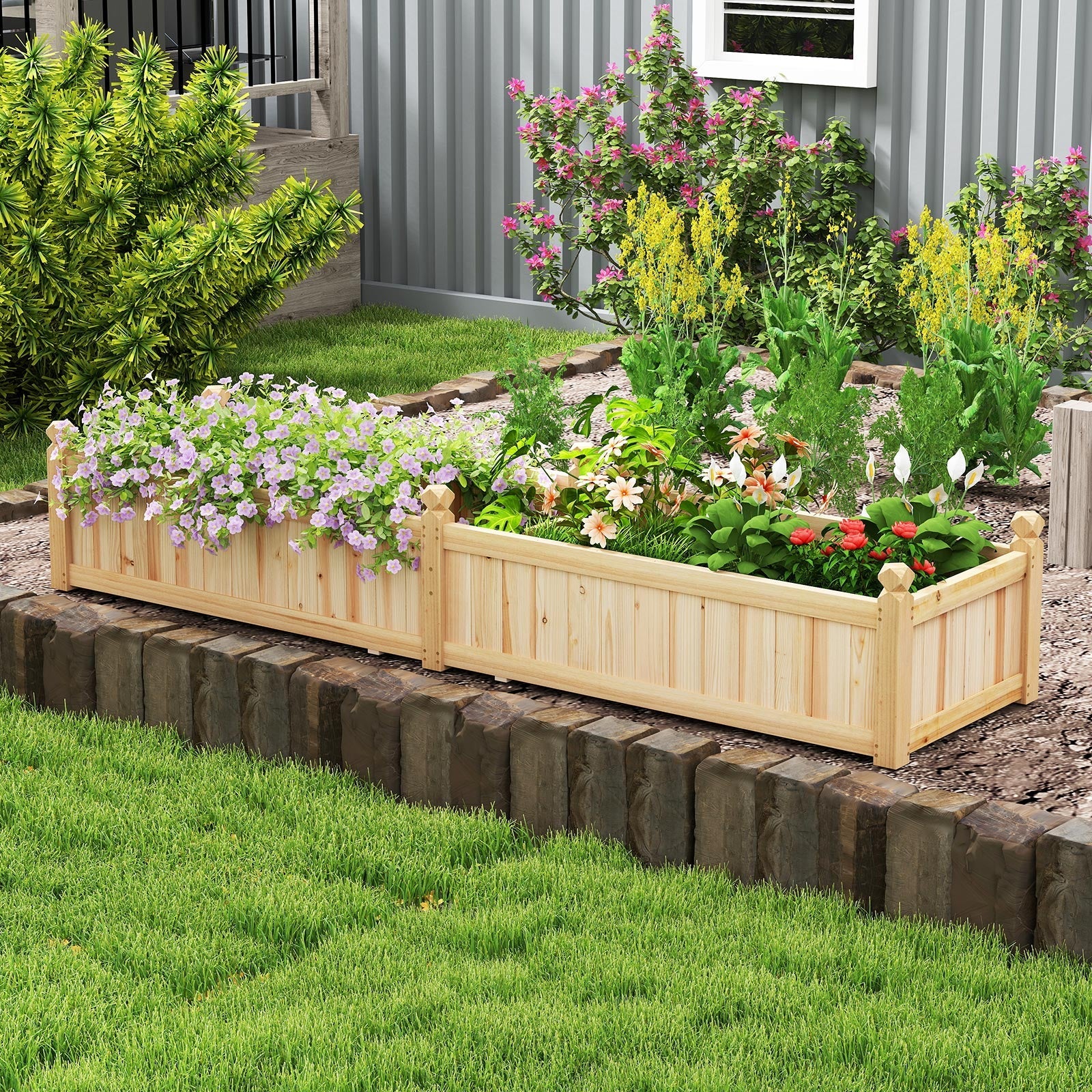 91 x 24 x 16 Inch Divisible Planter Box with Corner Drainage and Non-woven Liner for Growing Vegetables-Natural