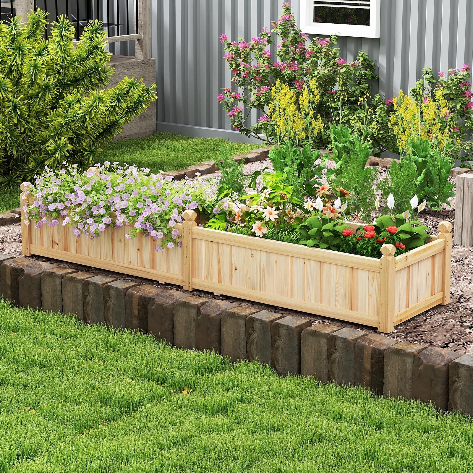 91 x 24 x 16 Inch Divisible Planter Box with Corner Drainage and Non-woven Liner for Growing Vegetables