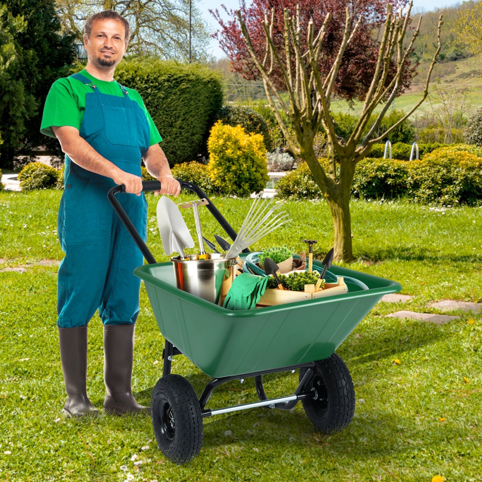 Dual-Wheel Wheelbarrow Garden Utility Cart with Pneumatic Tires
