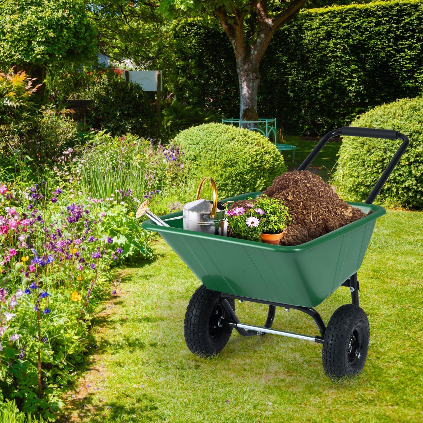 Dual-Wheel Wheelbarrow Garden Utility Cart with Pneumatic Tires
