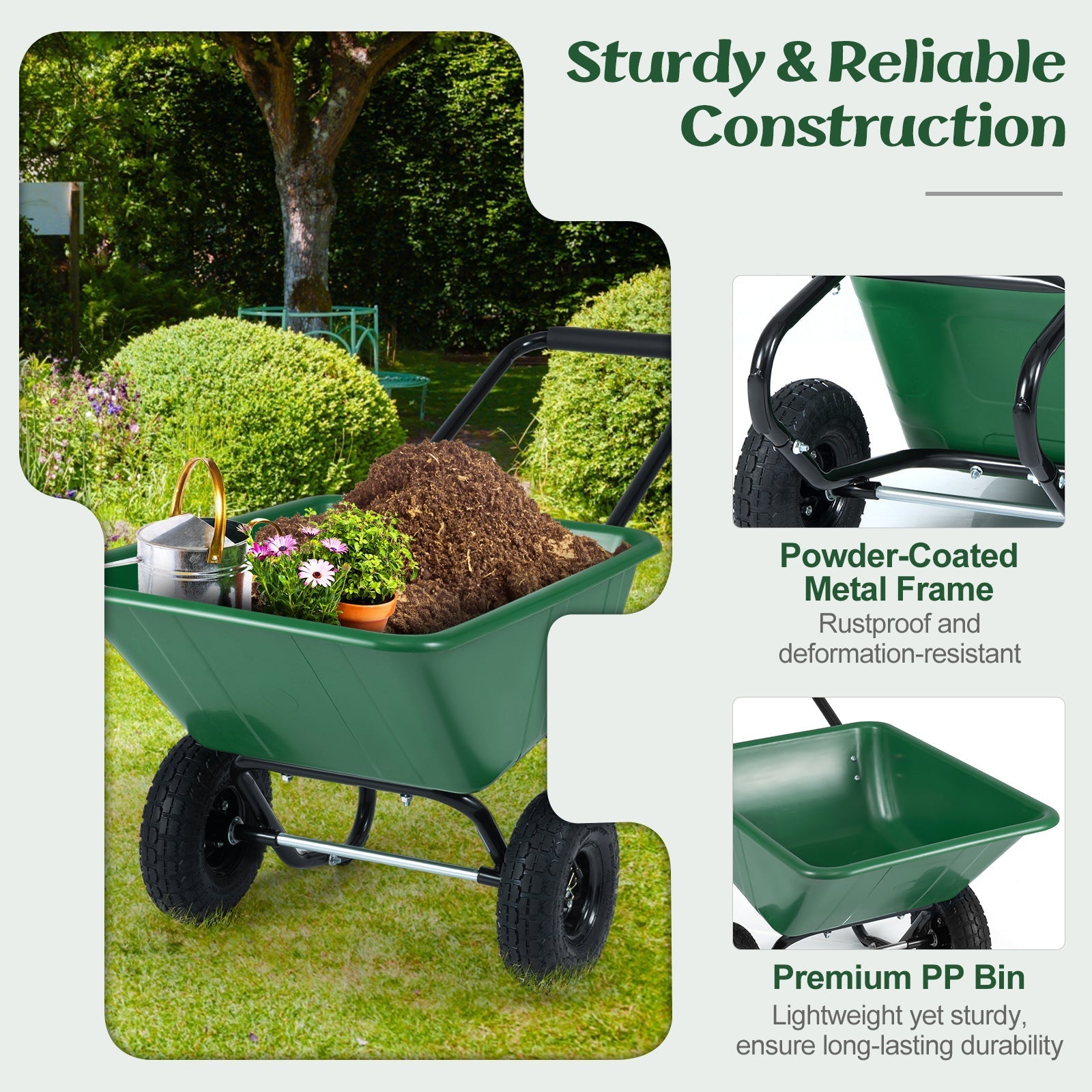 Dual-Wheel Wheelbarrow Garden Utility Cart with Pneumatic Tires