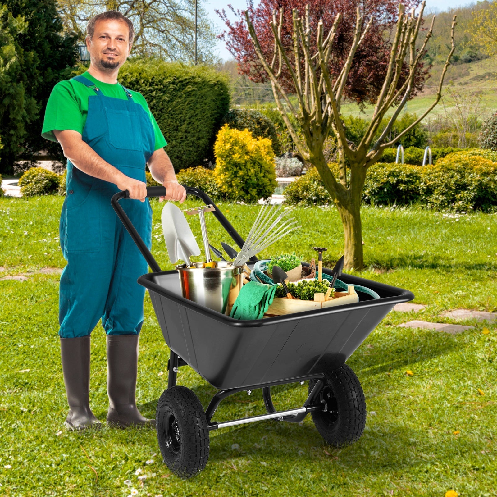 Dual-Wheel Wheelbarrow Garden Utility Cart with Pneumatic Tires