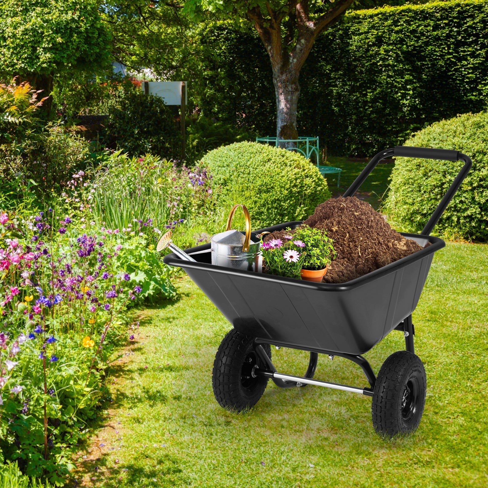 Dual-Wheel Wheelbarrow Garden Utility Cart with Pneumatic Tires