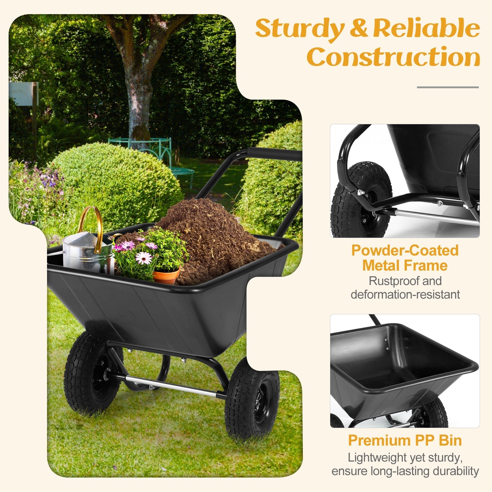 Dual-Wheel Wheelbarrow Garden Utility Cart with Pneumatic Tires