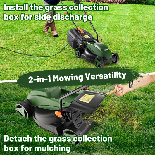 12-AMP 13.5 Inch Adjustable Electric Corded Lawn Mower with Collection Box-Green