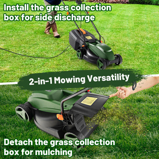 12-AMP 13.5 Inch Adjustable Electric Corded Lawn Mower with Collection Box-Green