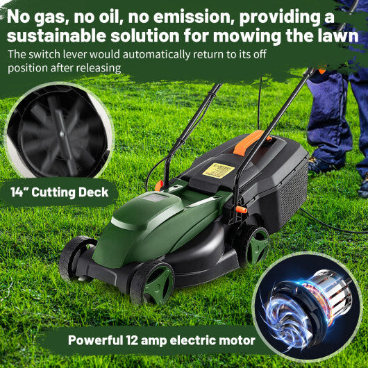 12-AMP 13.5 Inch Adjustable Electric Corded Lawn Mower with Collection Box-Green