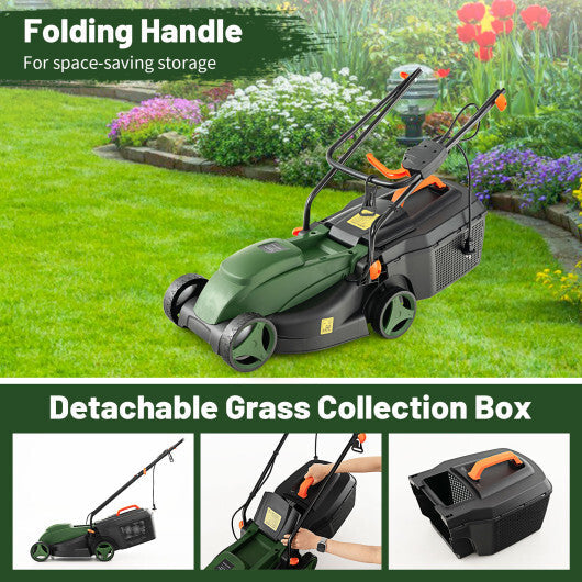 12-AMP 13.5 Inch Adjustable Electric Corded Lawn Mower with Collection Box-Green