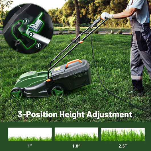 12-AMP 13.5 Inch Adjustable Electric Corded Lawn Mower with Collection Box-Green