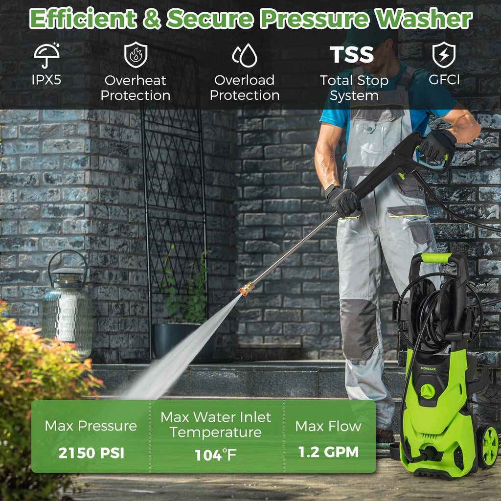 2150PSI Electric Pressure Washer 1.2GPM with 4 Quick Connect Nozzles and Foam Cannon-Green