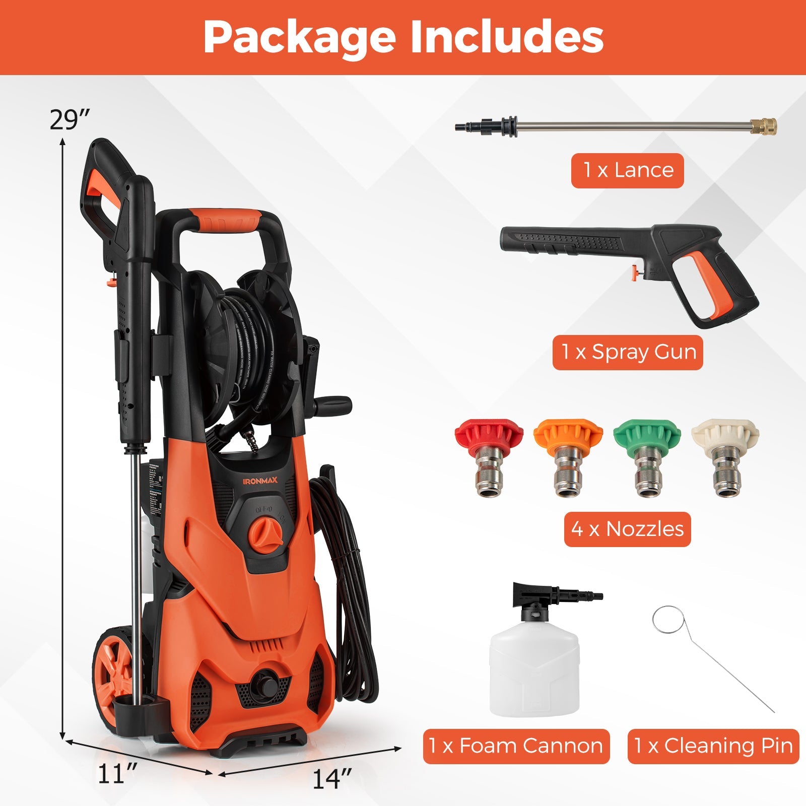 2150PSI Electric Pressure Washer 1.2GPM with 4 Quick Connect Nozzles and Foam Cannon-Orange