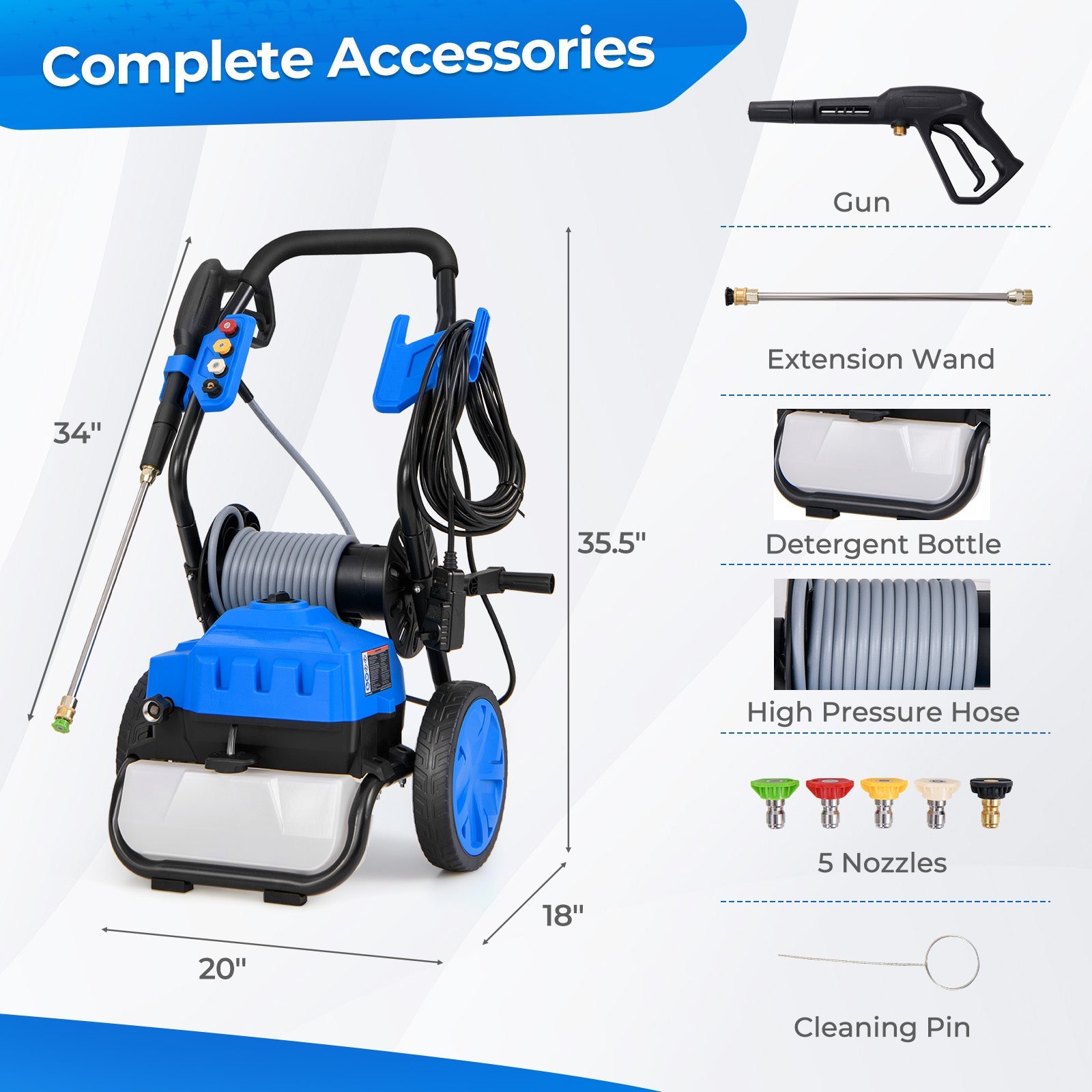 2300 PSI 1.8 GPM Electric Pressure Washer with Wheels and 5 Quick Connect Nozzles-Blue