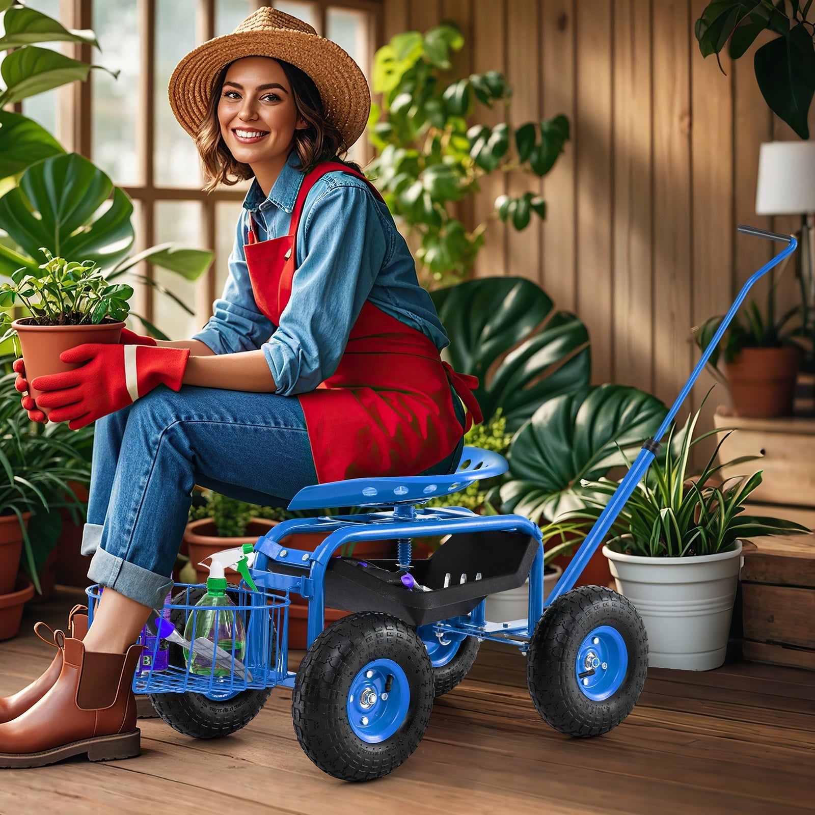 Extendable Handle Garden Cart Rolling Wagon Scooter-Blue