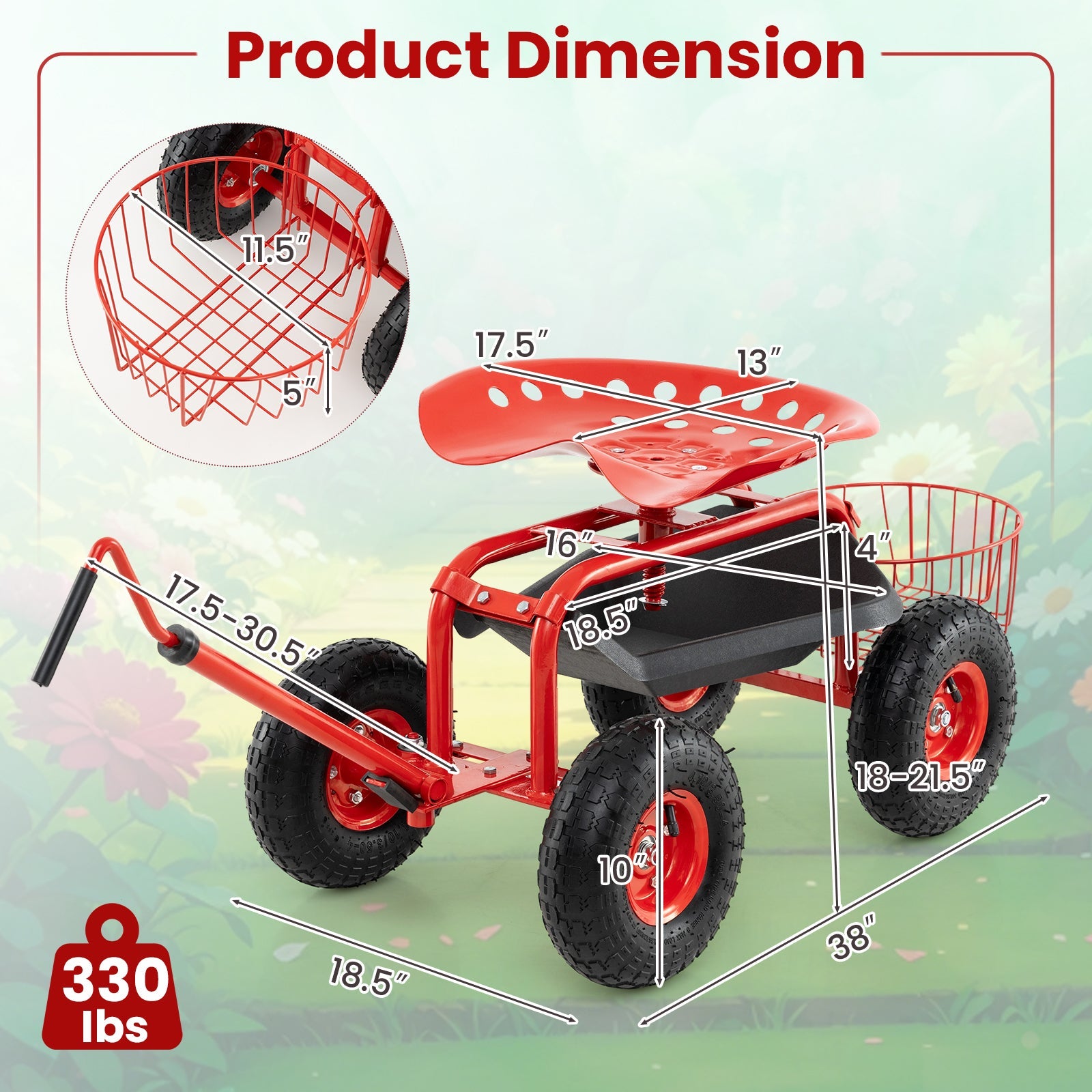 Extendable Handle Garden Cart Rolling Wagon Scooter-Red