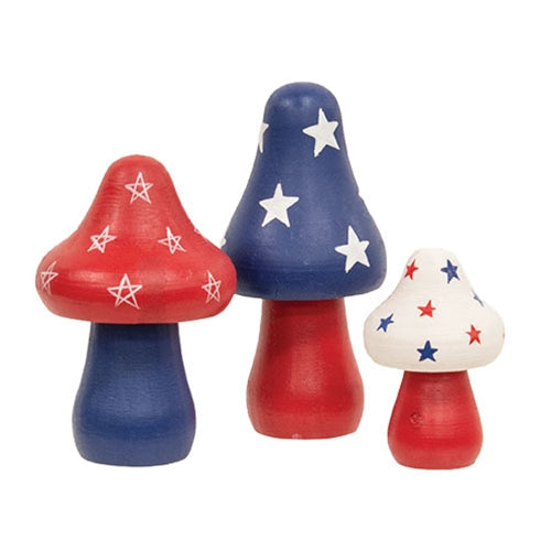 Set of 3 Wooden Americana Mushroom Sitters for Farmhouse Decor