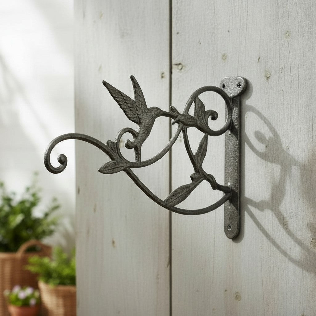 Hummingbird Plant Hanger, Cast Iron Wall Bracket, Natural Iron