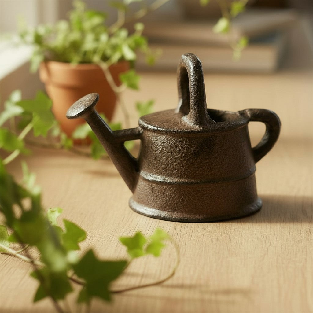 Miniature Watering Can Garden Statue, Cast Iron Shelf or Patio Decor