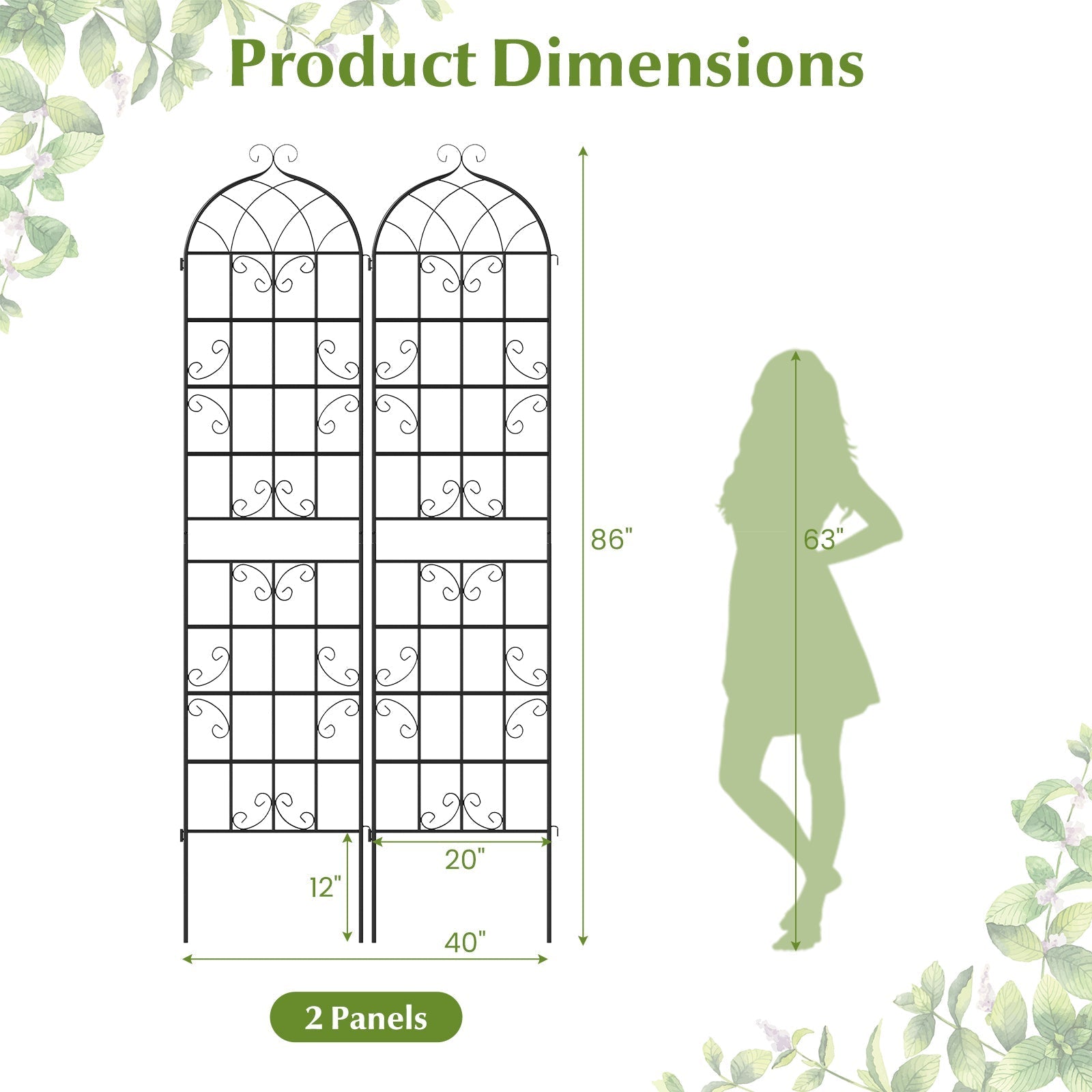 2 Pack 86" x 20" Metal Garden Trellis for Outdoor Climbing Plants