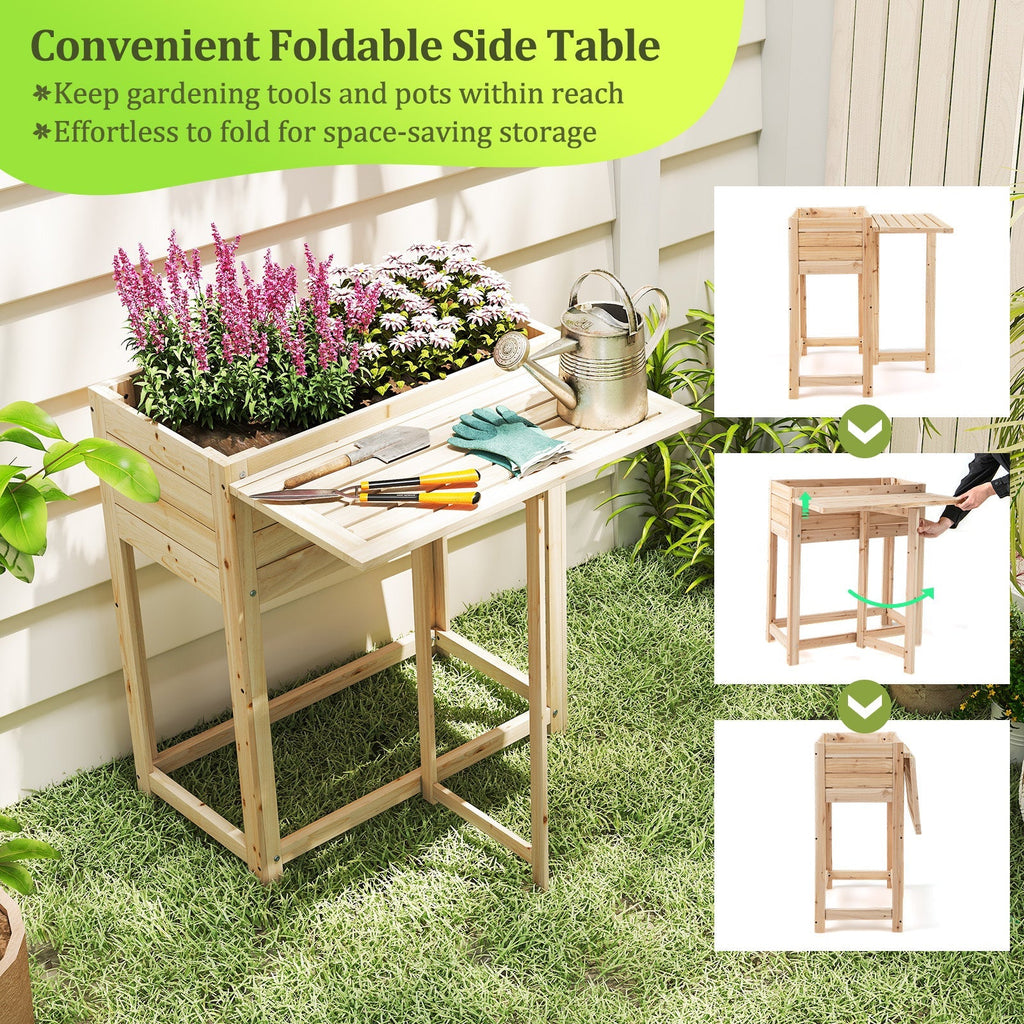 Wooden Raised Garden Bed with Legs and Foldable Side Table