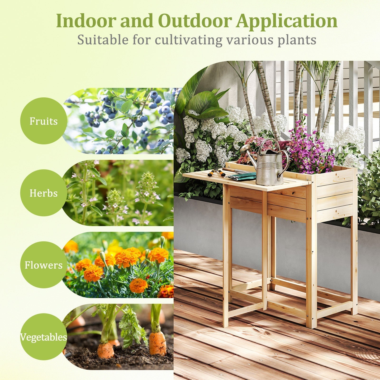 Wooden Raised Garden Bed with Legs and Foldable Side Table