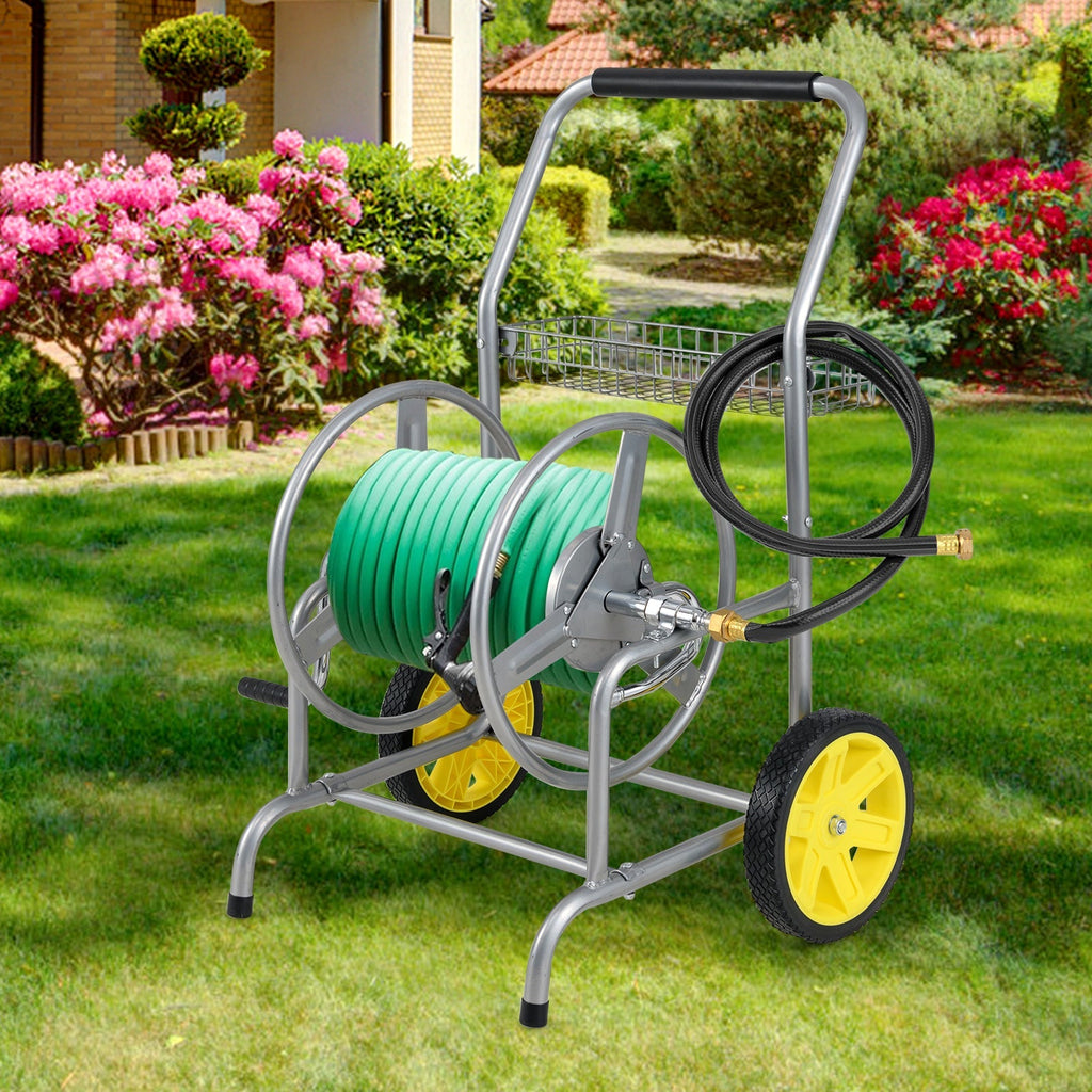 Garden Hose Reel Cart with 2 Wheels and Storage Basket