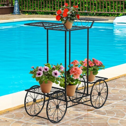 6-Tier Garden Cart Flower Rack Display Decor Pot Plant Holder - Color: Black
