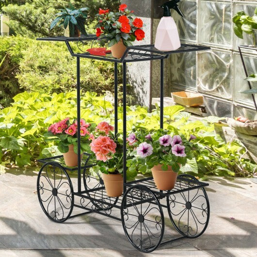 6-Tier Garden Cart Flower Rack Display Decor Pot Plant Holder - Color: Black