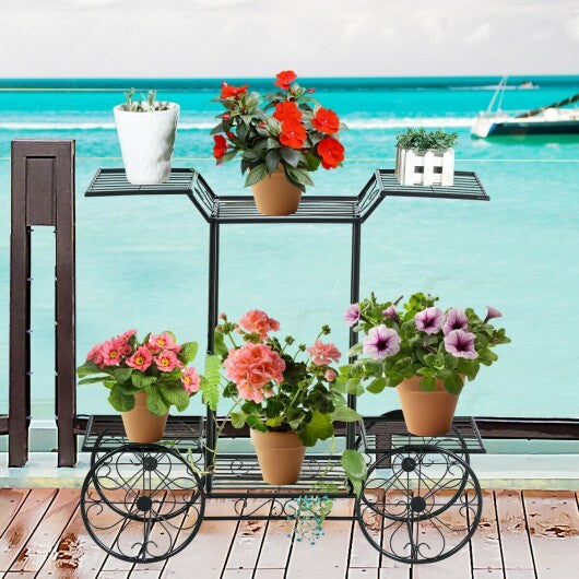6-Tier Garden Cart Flower Rack Display Decor Pot Plant Holder - Color: Black