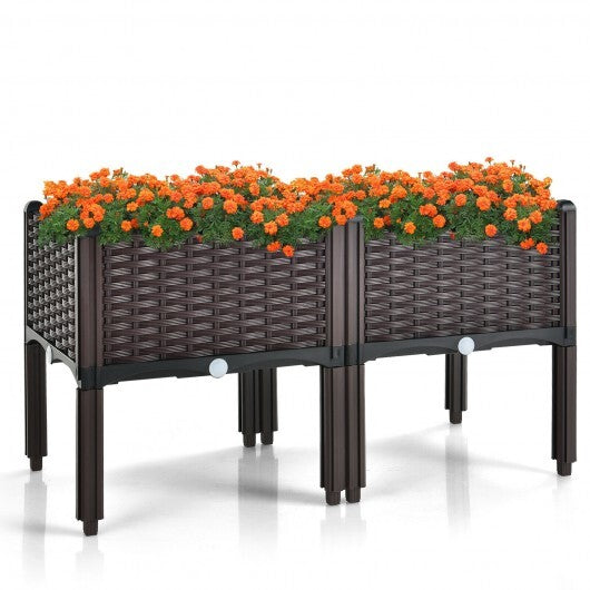 2 Set Elevated Plastic Raised Garden Bed Planter Kit for Flower Vegetable Grow-Brown - Color: Brown