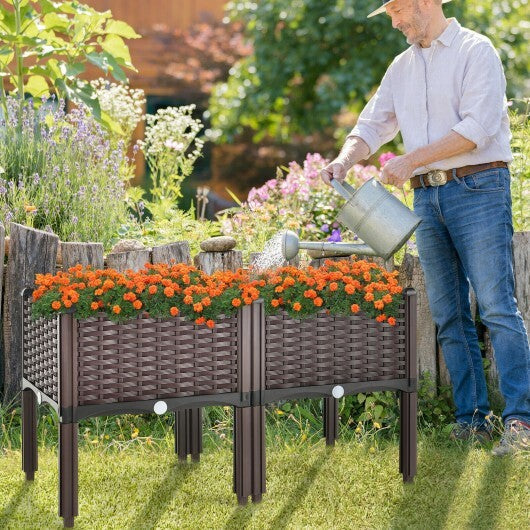 2 Set Elevated Plastic Raised Garden Bed Planter Kit for Flower Vegetable Grow-Brown - Color: Brown