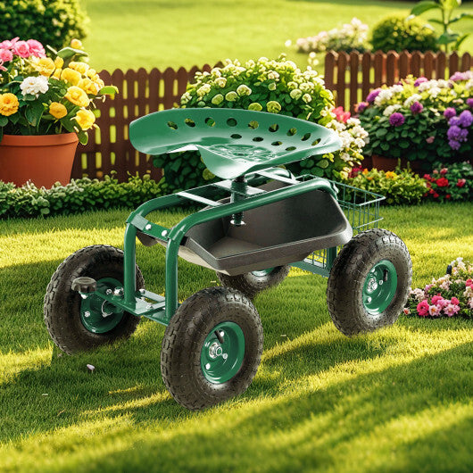 4-Wheel Rolling Garden Cart Work Seat-Blue