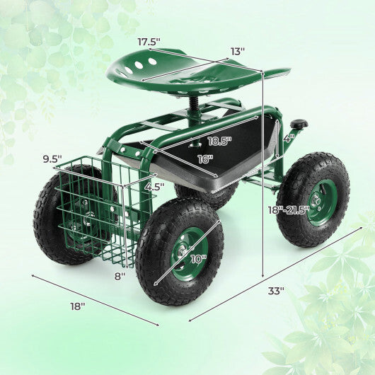 4-Wheel Rolling Garden Cart Work Seat-Green