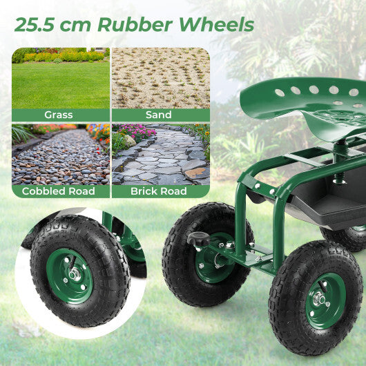 4-Wheel Rolling Garden Cart Work Seat-Green