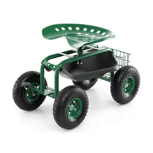 4-Wheel Rolling Garden Cart Work Seat-Green
