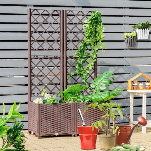 PE Rattan Raised Garden Bed with Trellis Planter Box for Climbing Plants-Brown