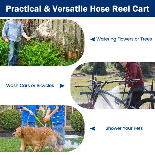 Garden Hose Reel Cart 4 Wheels Heavy-Duty Metal Water Hose Organizer Portable-Blue