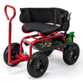 Cushioned Rolling Garden Cart Scooter with Storage Basket and Tool Pouch-Black & Red