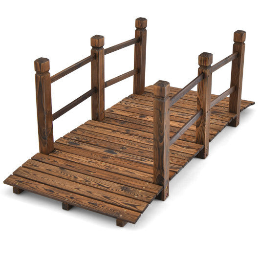 5 Feet Wooden Garden Bridge with Safety Rails-Brown - Color: Brown