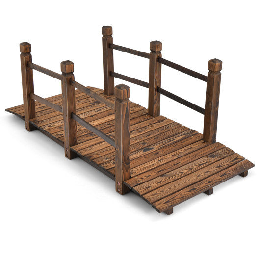 5 Feet Wooden Garden Bridge with Safety Rails-Brown - Color: Brown