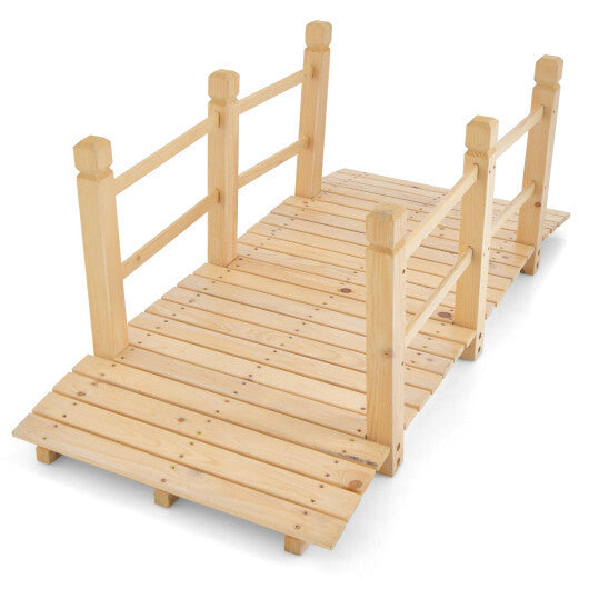 5 Feet Wooden Garden Bridge with Safety Rails-Brown