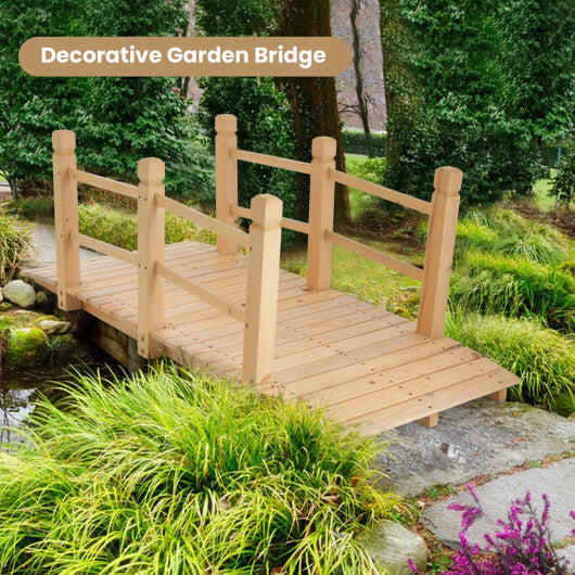 5 Feet Wooden Garden Bridge with Safety Rails-Brown