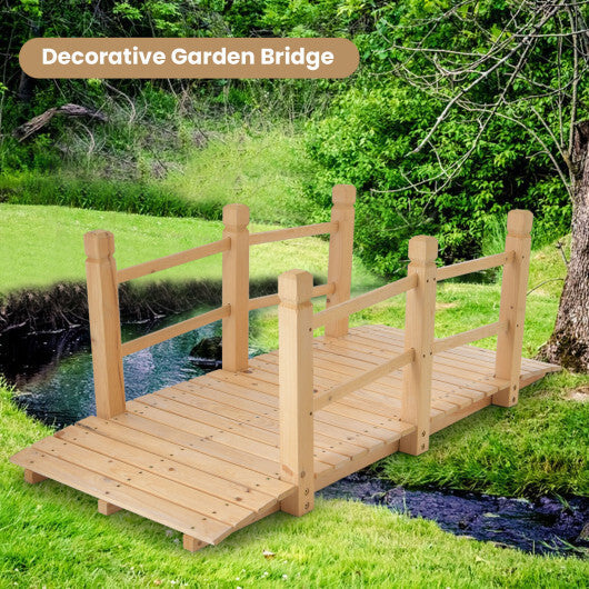 5 Feet Wooden Garden Bridge with Safety Rails-Brown
