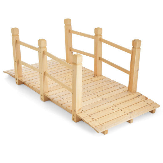 5 Feet Wooden Garden Bridge with Safety Rails-Brown