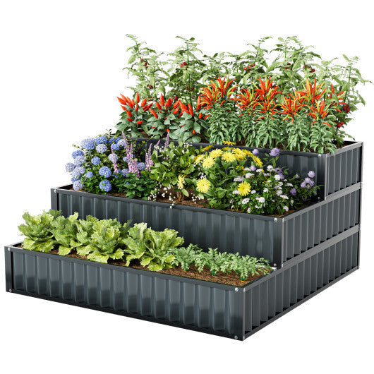 Heavy-Duty Metal Outdoor 3-Tier Raised Garden Bed Planter Box-Green
