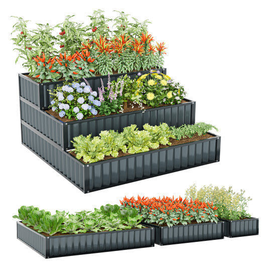 Heavy-Duty Metal Outdoor 3-Tier Raised Garden Bed Planter Box-Green