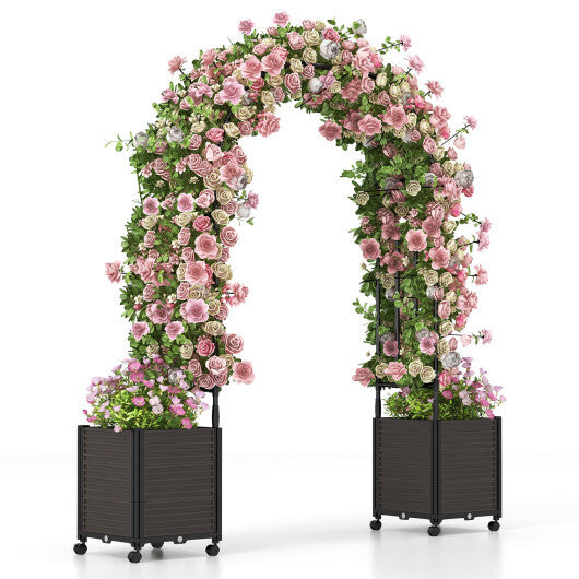 6.6 Feet Garden Arch Trellis with 2 Planter Boxes and Lockable Wheels-Black