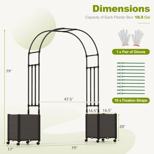 6.6 Feet Garden Arch Trellis with 2 Planter Boxes and Lockable Wheels-Black